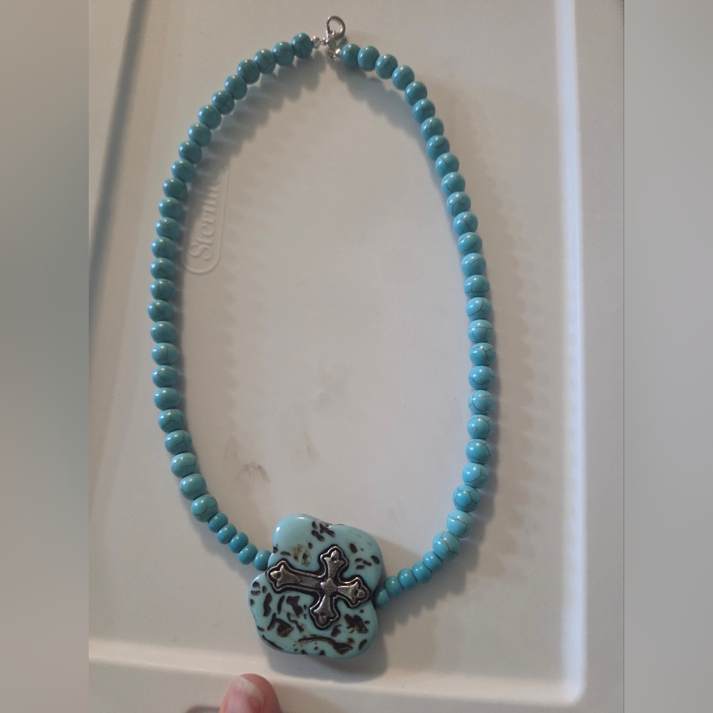 Aqua Beaded Necklace with Artistic Cross Pendant